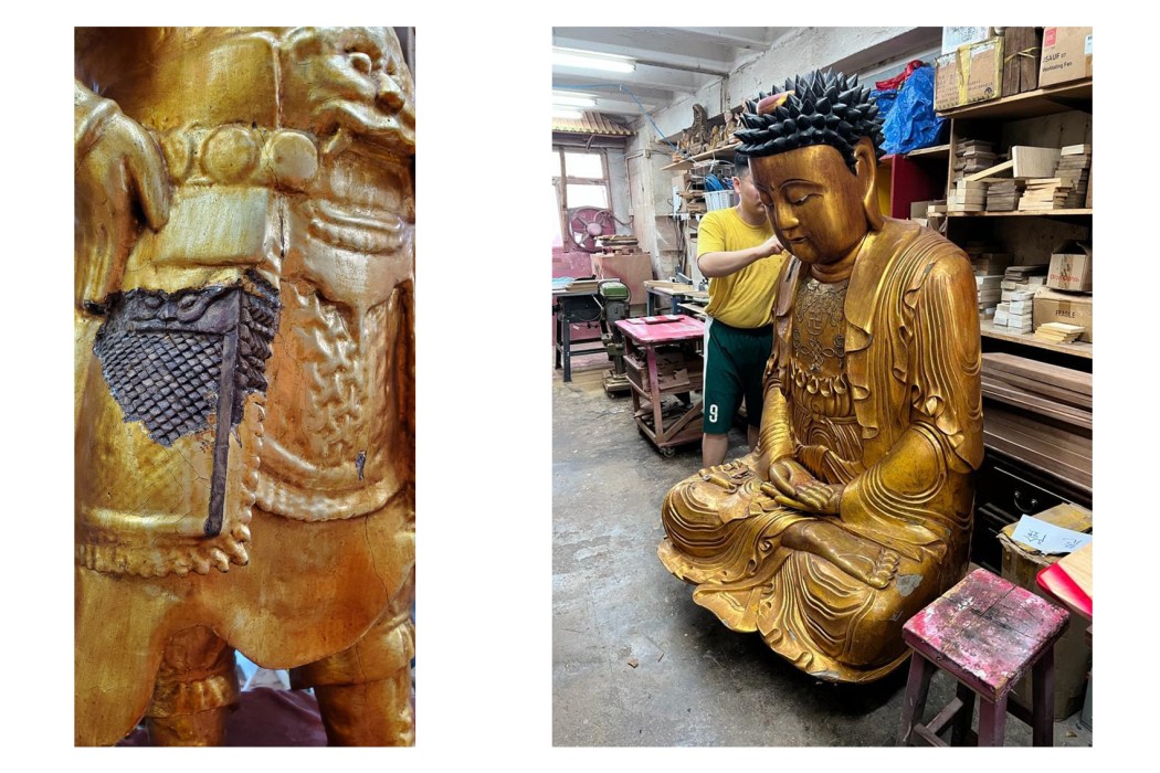 Photos shows the details under the accumulated of paint and dirt coating of a statue (left). And restoring a giant buddha (right). Photo: supplied.