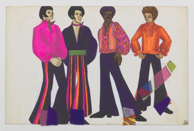 A drawing of four male presenting people dressed in brightly colored bell bottom pants.