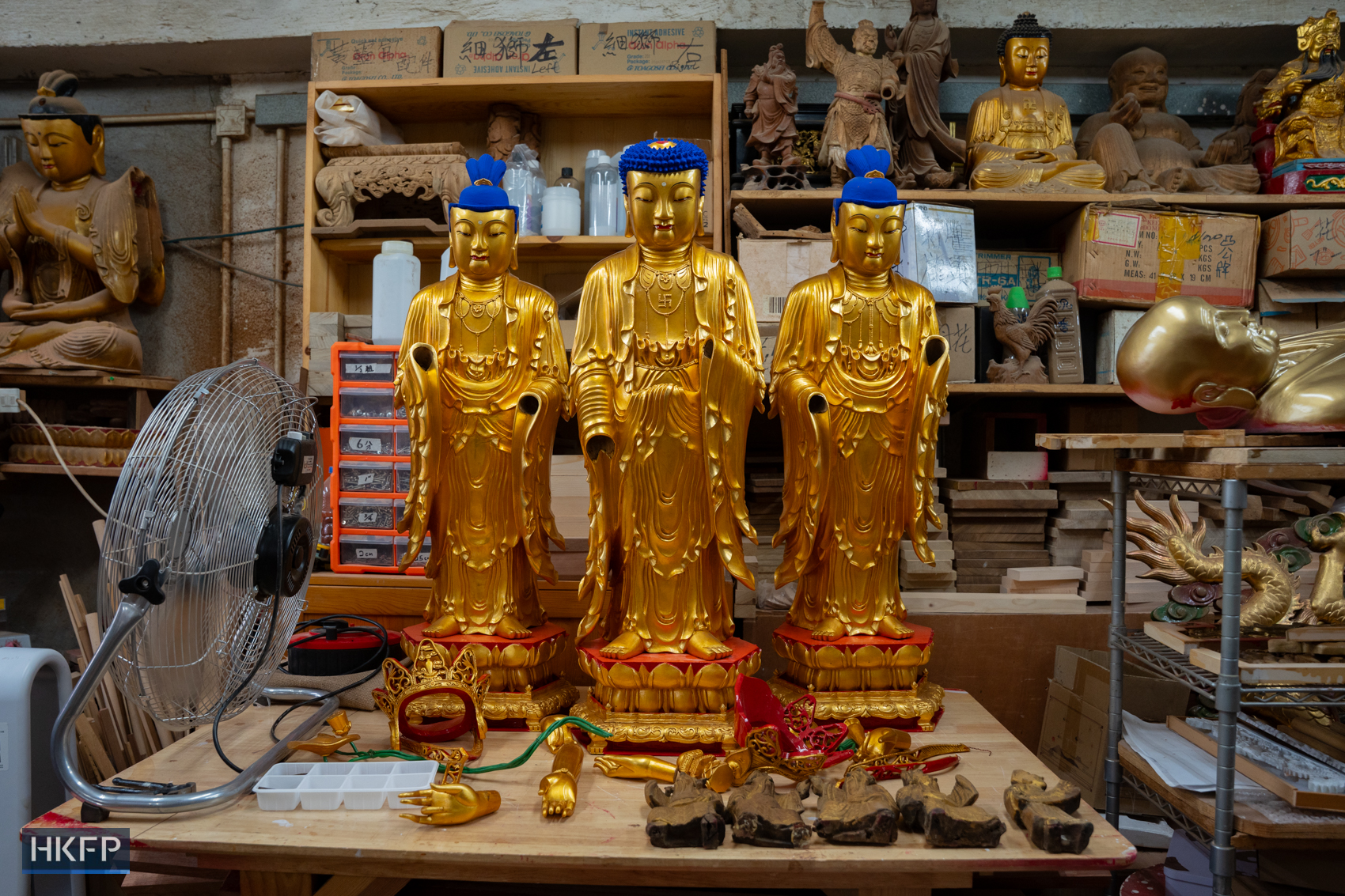 Buddha statues in an industrial building in Kwai Chung, June 12th, 2026. Photo: Kyle Lam/HKFP.