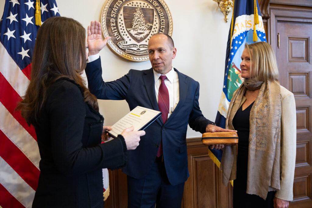 U.S. Agriculture Secretary Brooke Rollins (left) swears in Michael Boren as the under secretary for Natural Resources and Environment in her office on Jan. 20, 2026, at the USDA Headquarters in Washington, D.C. (Photo by Christophe Paul/U.S. Department of Agriculture)