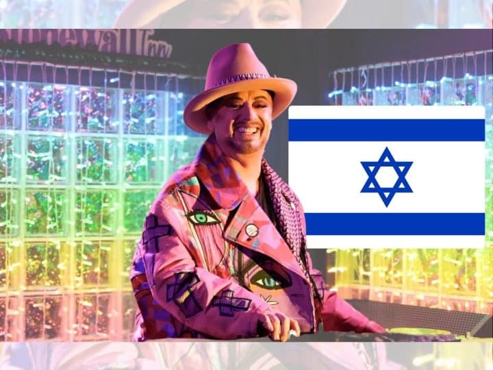 Boy George and the flag of Israel on one side with rainbow-coloured lights in the background of the image