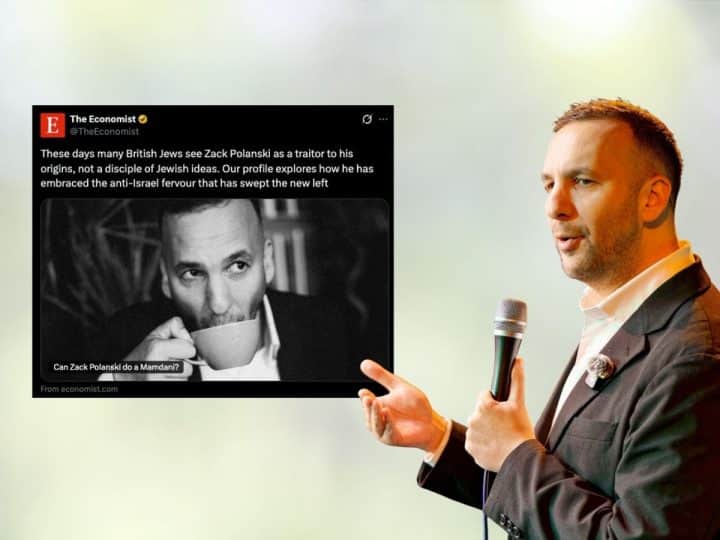 Zack Polanski of the Green Party and a tweet from the Economist