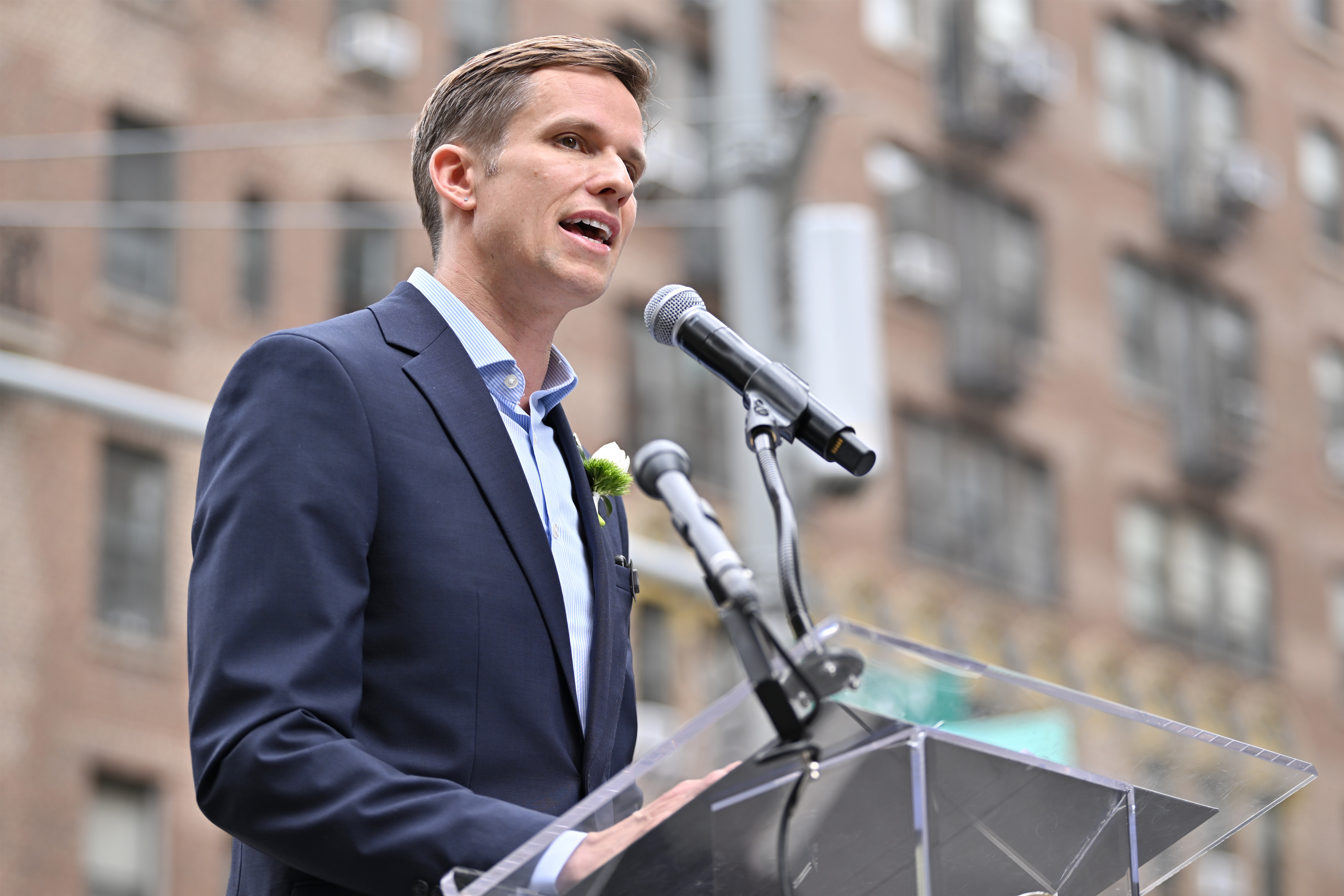 State Sen. Erik Bottcher speaks during a street naming in New York City.