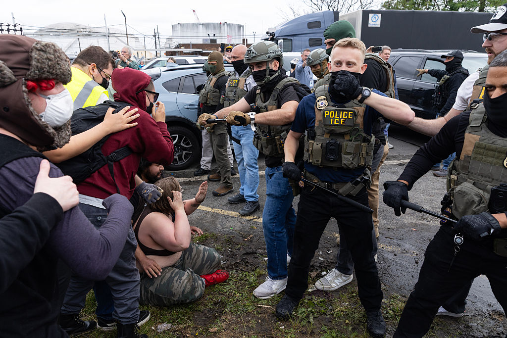 Federal immigration officers clash with Protesters outside Delaney Hall in Newark, New Jersey, on May 25, 2026.