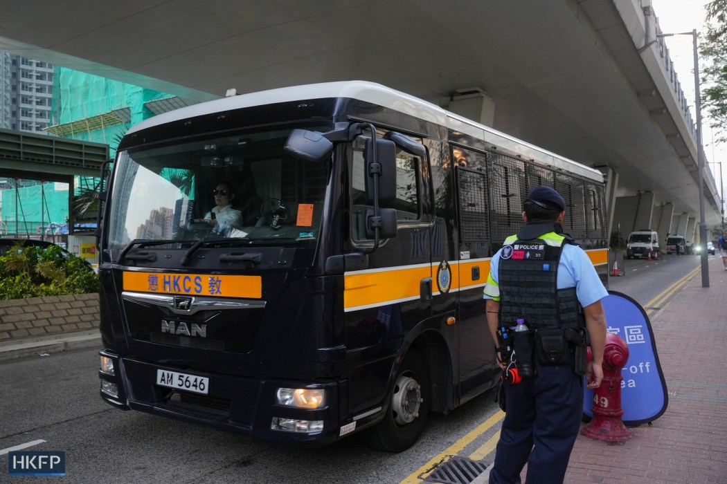 A corrections vehicle outside West Kowloon Law Courts Building on February 23, 2026. Photo: Kyle Lam/HKFP.