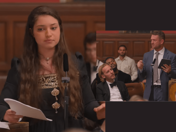 Screenshots from the YouTube video of the Oxford Union debate with Arwa Elrayess on the left and an inset photo of Tommy Robinson, suited and booted, speaking with Laurence Fox sat next to him in black tie
