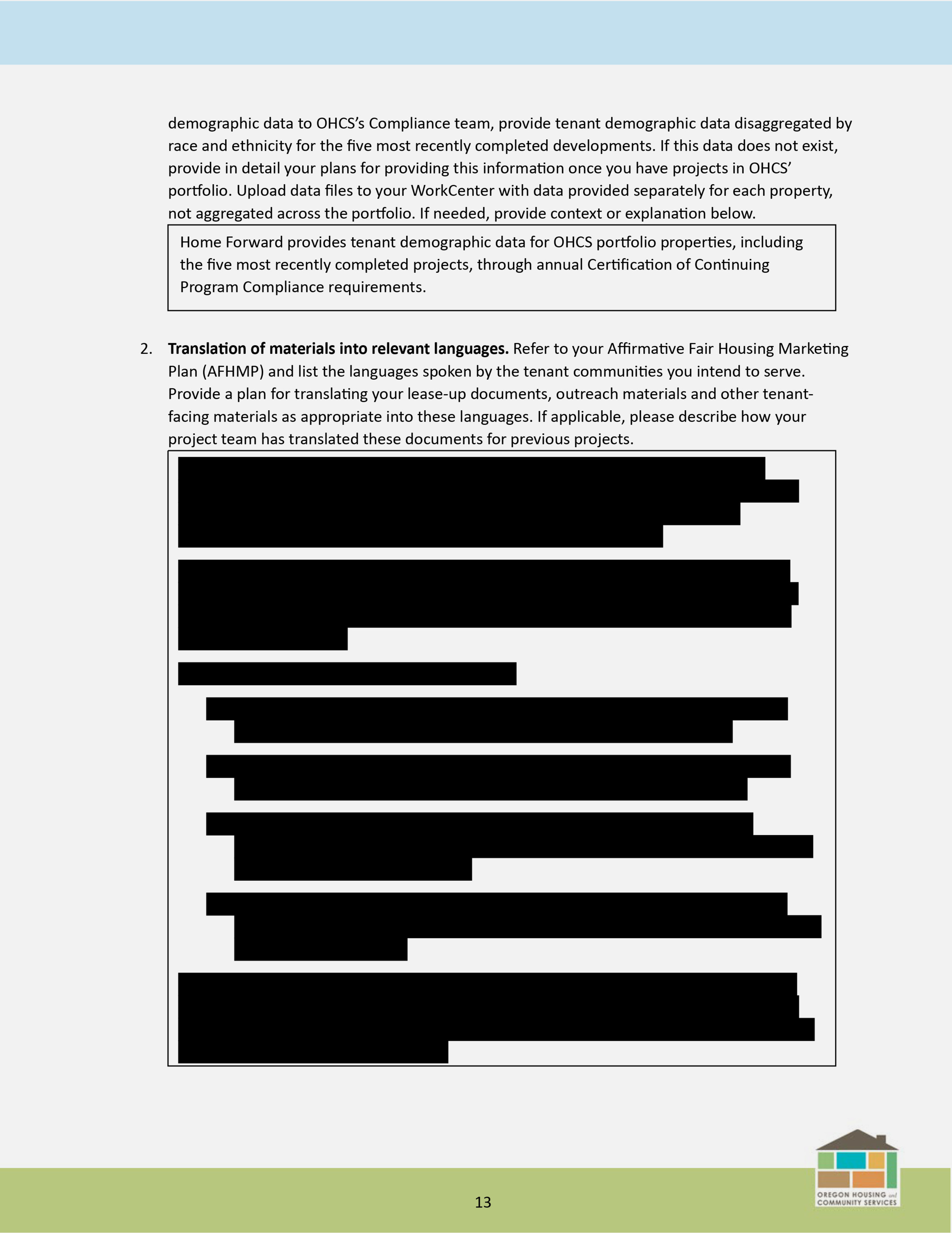 A page from a document that asks about a plan for translating documents, with the response area entirely blacked out.