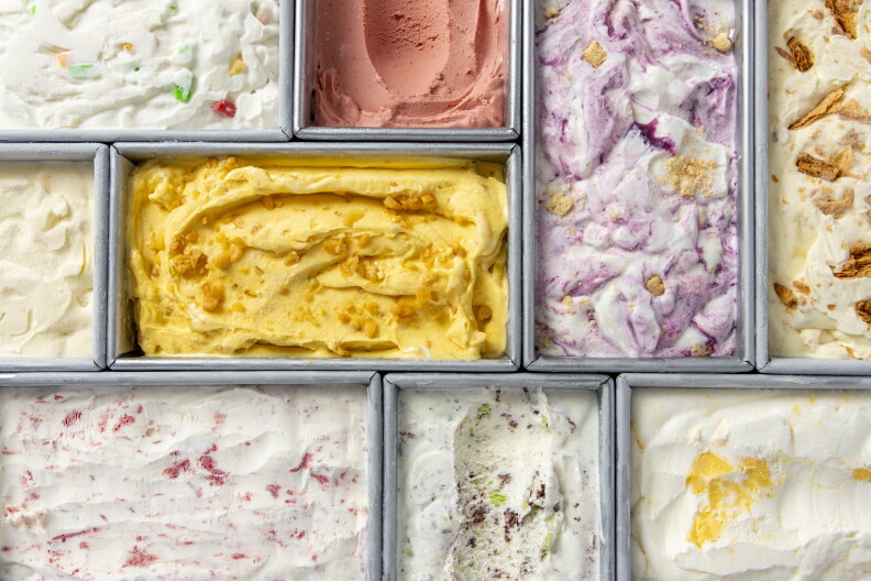 Rectangle shape dishes of different flavored ice creams
